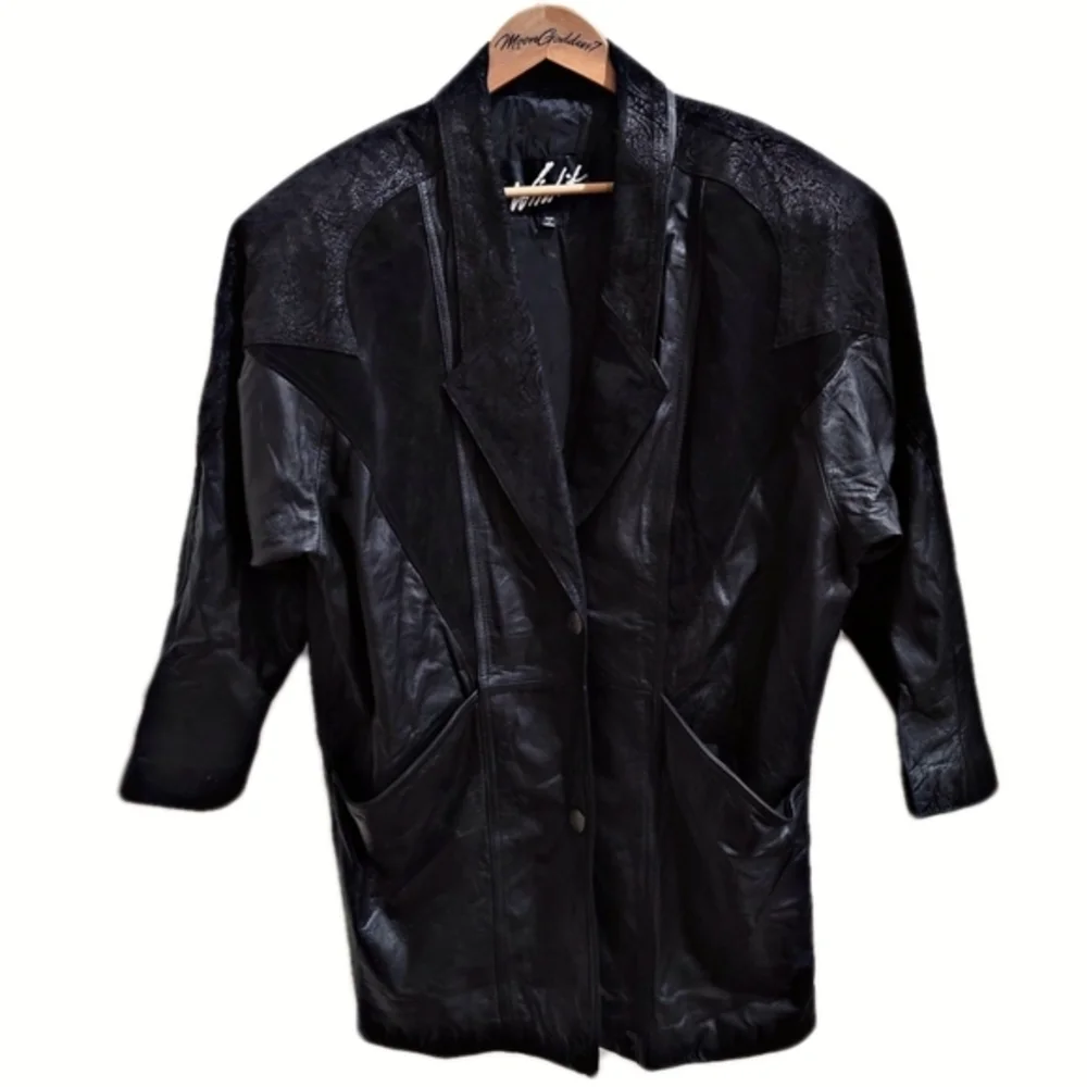 Winlit ✦ 80s Black Genuine Leather Trench Coat ✦ Paneled Vintage Longline M - Picture 6 of 16